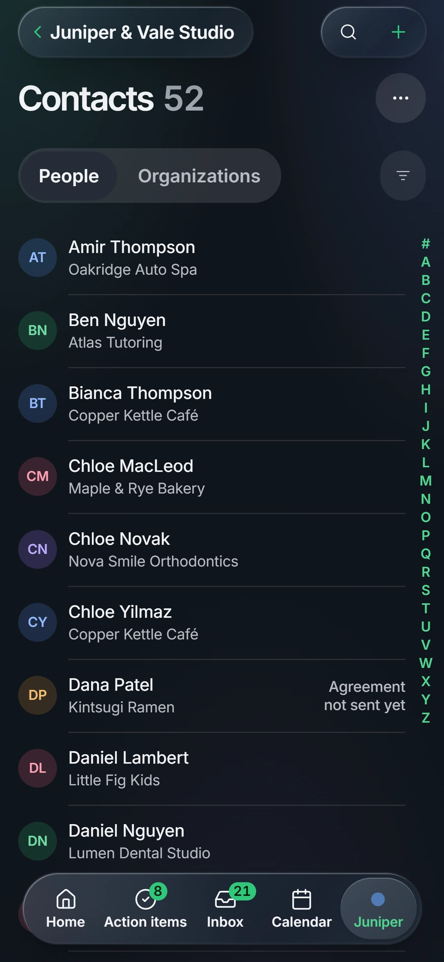 Contacts on a phone: each person with their business, and an A to Z index down the side.