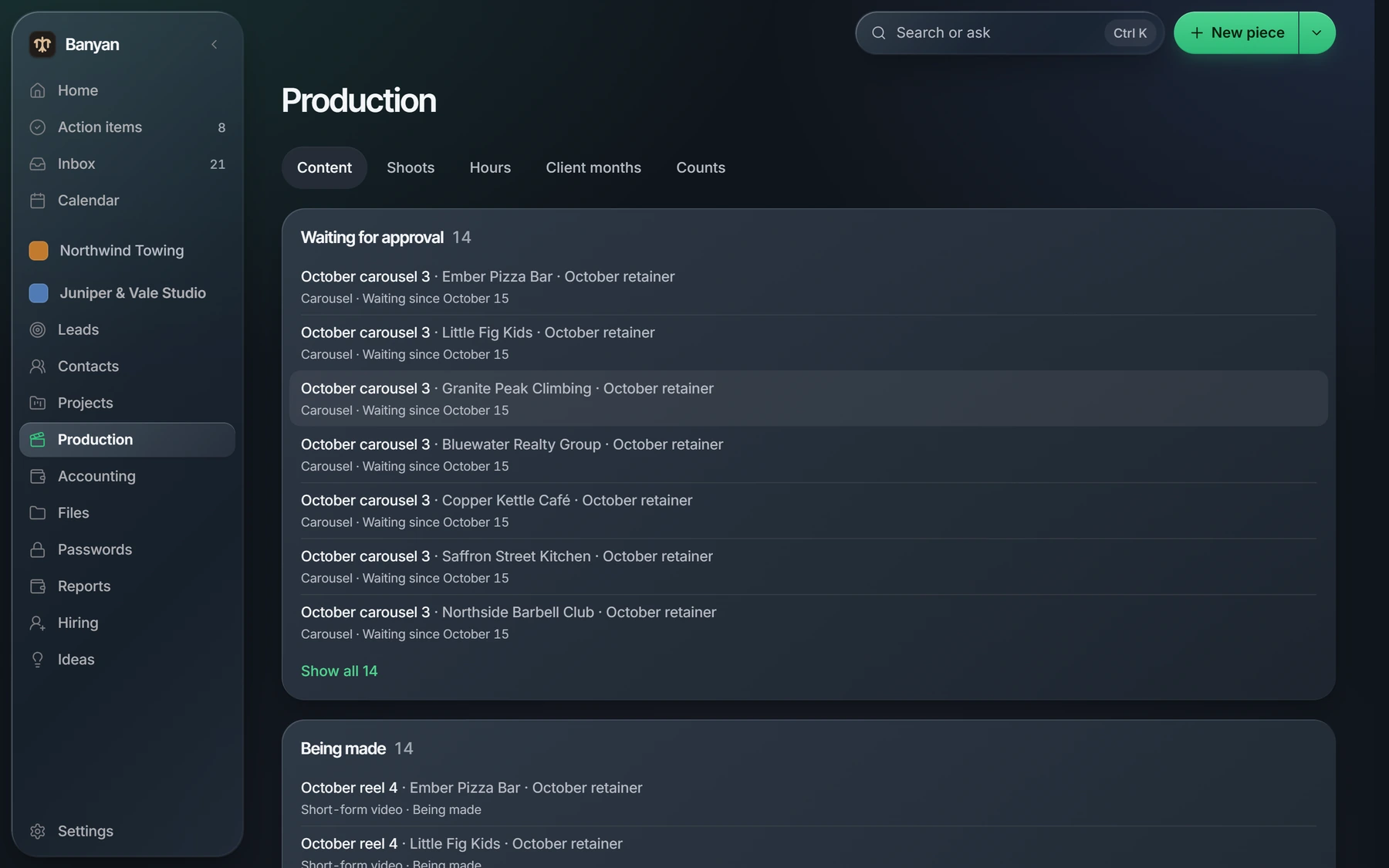 Production: each client’s carousels and reels, waiting for approval and being made.