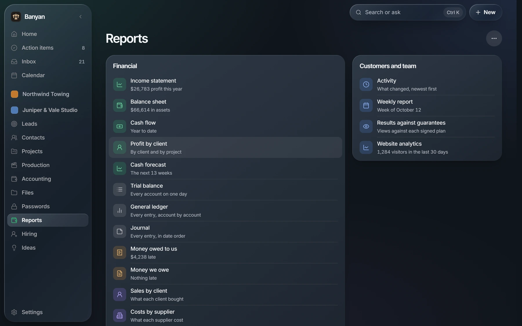 Reports: financial statements, and reports on customers and the team.